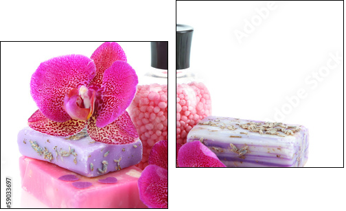 Sea salt, soap and orchid isolated on white  - Obraz dwuczęściowy, Dyptyk