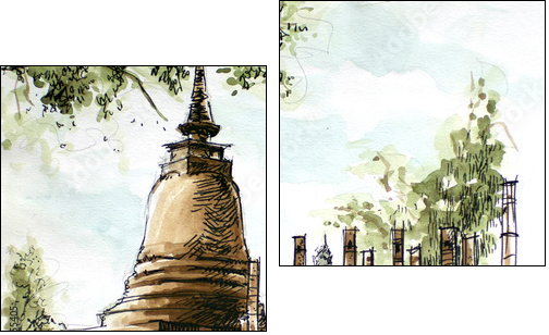 thailand ancient  temple water color painting  - Obraz dwuczęściowy, Dyptyk