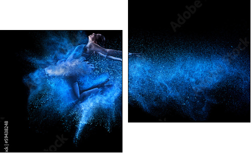 Young beautiful dancer jumping into blue powder cloud  - Obraz dwuczęściowy, Dyptyk