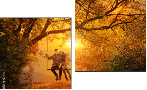 Romantic couple swing in the autumn park  - Obraz dwuczęściowy, Dyptyk