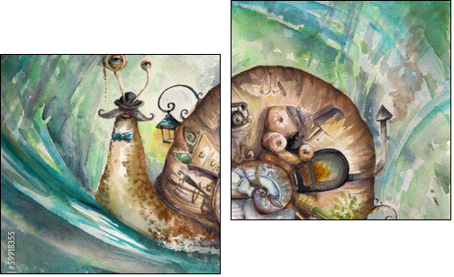 Snail with his house.Picture created with watercolors.  - Obraz dwuczęściowy, Dyptyk