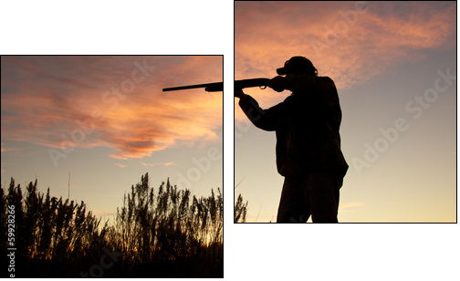 Hunter Silhouetted Shooting at Sunset - Obraz dwuczęściowy, Dyptyk