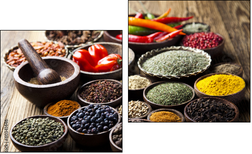 Spices on wooden bowl background   - Obraz dwuczęściowy, Dyptyk
