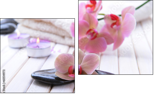 Still life with beautiful blooming orchid flower, towel and spa  - Obraz dwuczęściowy, Dyptyk