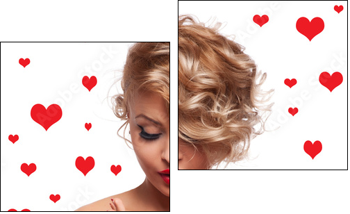 Beautiful woman with glamour bright makeup and red hear  - Obraz dwuczęściowy, Dyptyk