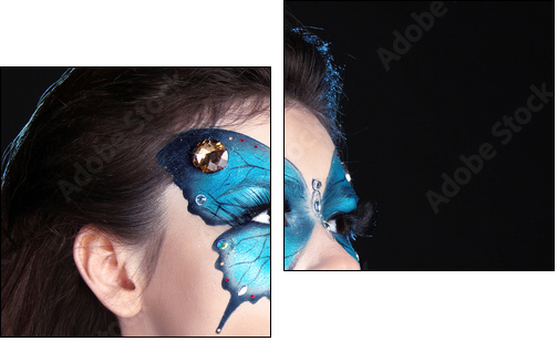 Face art portrait. Fashion Make up. Butterfly makeup on face bea  - Obraz dwuczęściowy, Dyptyk