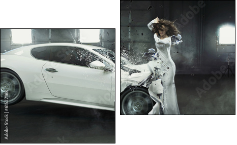 Alluring fashionable lady in the middle of car crash  - Obraz dwuczęściowy, Dyptyk