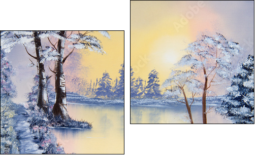 Painting of a pond in Winter  - Obraz dwuczęściowy, Dyptyk