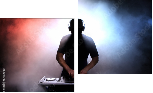Disc jokey silhouette over illuminated smoke background  - Obraz dwuczęściowy, Dyptyk
