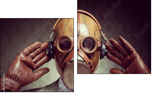 Vintage gas mask and headphones  - Obraz dwuczęściowy, Dyptyk