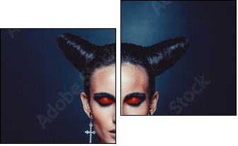 Beautiful woman in carnival costume. witch shape with Horns.  - Obraz dwuczęściowy, Dyptyk