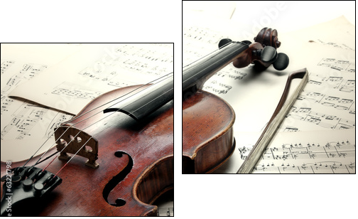 Old scratched violin with sheet music. Vintage style.  - Obraz dwuczęściowy, Dyptyk