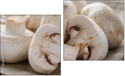 fresh white champignon on wood table  - Obraz dwuczęściowy, Dyptyk