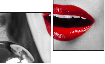 Close Up Woman Singing Mouth & Vintage Microphone  - Obraz dwuczęściowy, Dyptyk