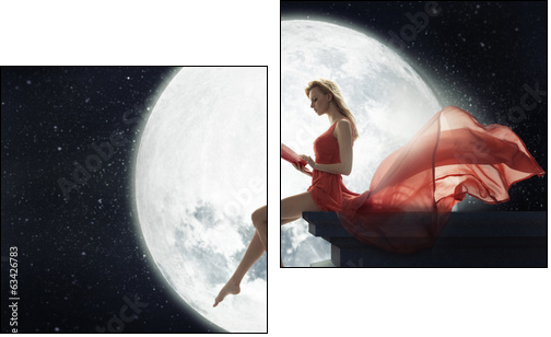Cute woman over full moon background  - Obraz dwuczęściowy, Dyptyk