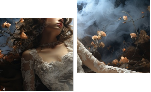 Elegant creative wedding dress on gorgeous model, style appeal luxe , excellent look, white dress, beautiful interior design, glamorous looking . - Obraz dwuczęściowy, Dyptyk