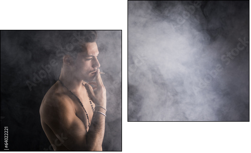 Shirtless young man smoking cigarette with a lot of smoke around  - Obraz dwuczęściowy, Dyptyk