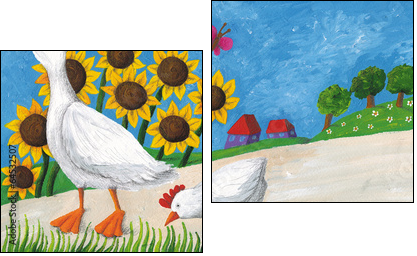 Goose with hen on village way  - Obraz dwuczęściowy, Dyptyk