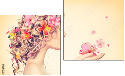 Beauty girl takes beautiful flowers in her hands  - Obraz dwuczęściowy, Dyptyk