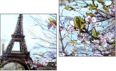 Street in paris. Eiffel tower - illustration  - Obraz dwuczęściowy, Dyptyk