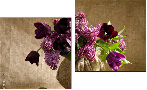 Beautiful bouquet of tulips with sprigs of lilac in a vase on a  - Obraz dwuczęściowy, Dyptyk