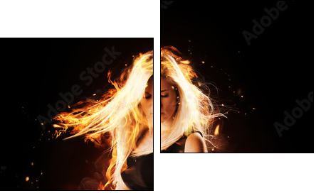Burning girl with flaming guitar on black background  - Obraz dwuczęściowy, Dyptyk