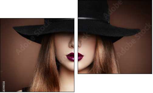 Fashion photo of young magnificent woman in hat. Girl posing  - Obraz dwuczęściowy, Dyptyk