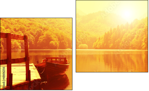 Wooden boat at pier on mountain lake  - Obraz dwuczęściowy, Dyptyk