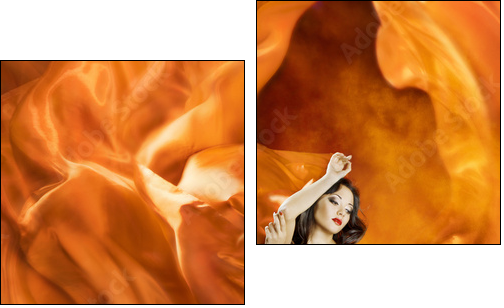 Woman dancing silk dress fire flame artistic orange portrait  - Obraz dwuczęściowy, Dyptyk