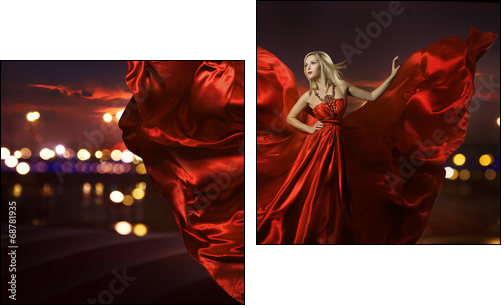 woman dancing in silk dress, artistic red blowing gown waving  - Obraz dwuczęściowy, Dyptyk