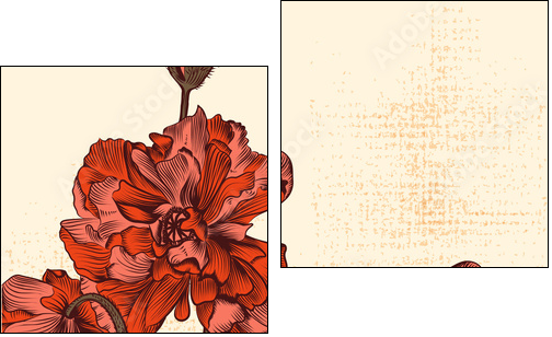 Grunge  background with hand drawn poppy flowers and butterfly  - Obraz dwuczęściowy, Dyptyk