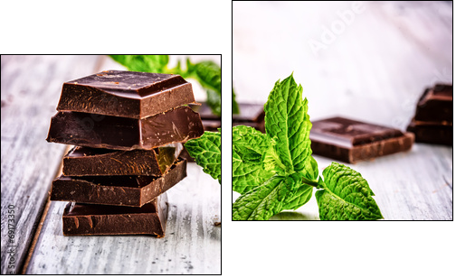 A few cubes of black chocolate with mint leaves on wooden table  - Obraz dwuczęściowy, Dyptyk