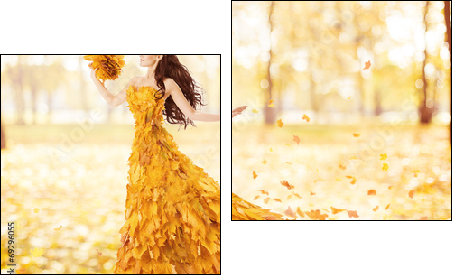 Autumn woman in fashion dress of fall maple leaves, artistic  - Obraz dwuczęściowy, Dyptyk