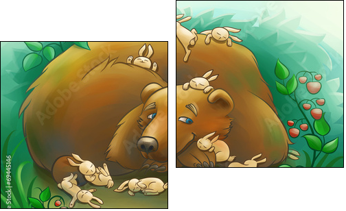 kind bear with the little rabbits  - Obraz dwuczęściowy, Dyptyk