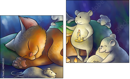 mice read book to a kitten at the night  - Obraz dwuczęściowy, Dyptyk