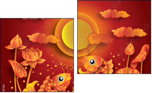 Golden koi fish with fullmoon  - Obraz dwuczęściowy, Dyptyk