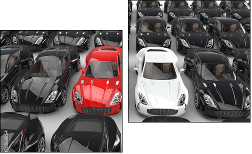 Stand out red and white cars among many black cars  - Obraz dwuczęściowy, Dyptyk