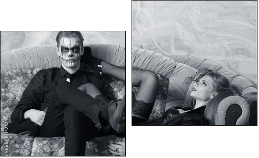 young man and woman on the sofa. makeup in Halloween theme  - Obraz dwuczęściowy, Dyptyk