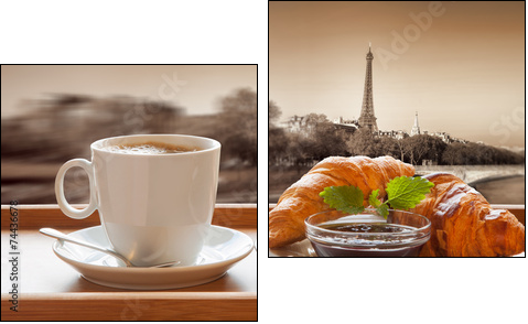 Coffee with croissants against Eiffel Tower in Paris, France  - Obraz dwuczęściowy, Dyptyk