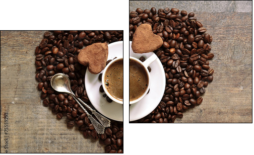 Cup of coffee with heart-shaped chocolate truffles.  - Obraz dwuczęściowy, Dyptyk