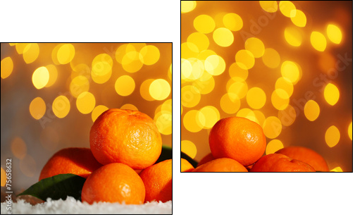Fresh ripe mandarins on snow, on lights background  - Obraz dwuczęściowy, Dyptyk