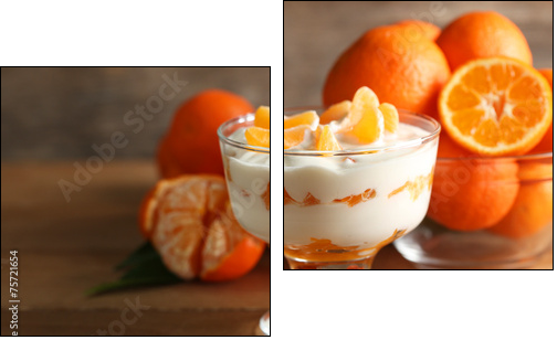 Tasty milk dessert with fresh tangerine pieces in glass bowl,  - Obraz dwuczęściowy, Dyptyk