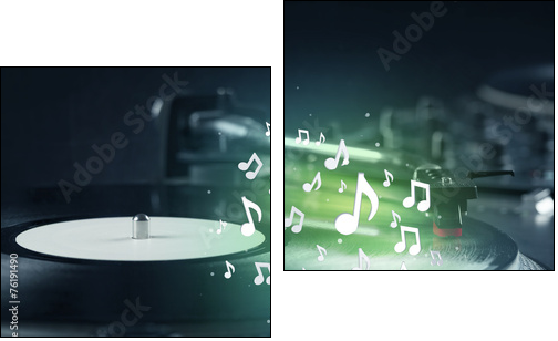 Turntable playing music with audio notes glowing  - Obraz dwuczęściowy, Dyptyk