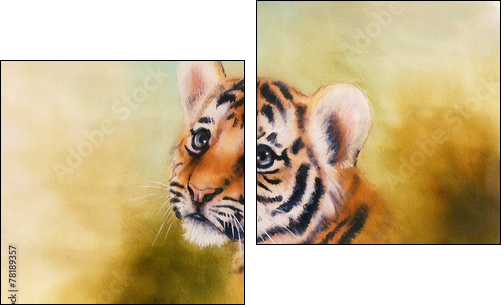 adorable baby tiger head looking out from a green  surroundings  - Obraz dwuczęściowy, Dyptyk