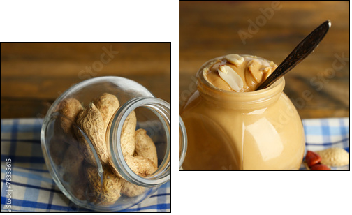 Fresh peanut butter in jar on wooden background  - Obraz dwuczęściowy, Dyptyk