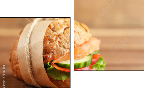 Sandwich with salmon on wooden background  - Obraz dwuczęściowy, Dyptyk