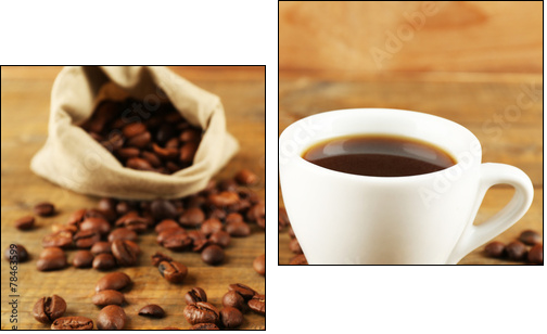 Cup of coffee with beans on rustic wooden background  - Obraz dwuczęściowy, Dyptyk