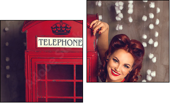 Red hair pin-up woman portrait near telephone booth - Obraz dwuczęściowy, Dyptyk