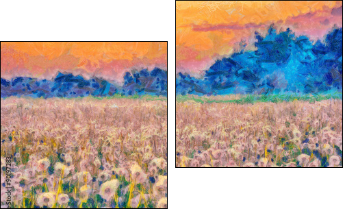 Summer meadow blow balls landscape painting - Obraz dwuczęściowy, Dyptyk