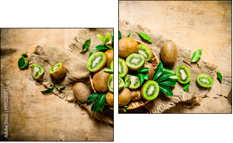 Kiwi fruit in basket with leaves on the old fabric. - Obraz dwuczęściowy, Dyptyk